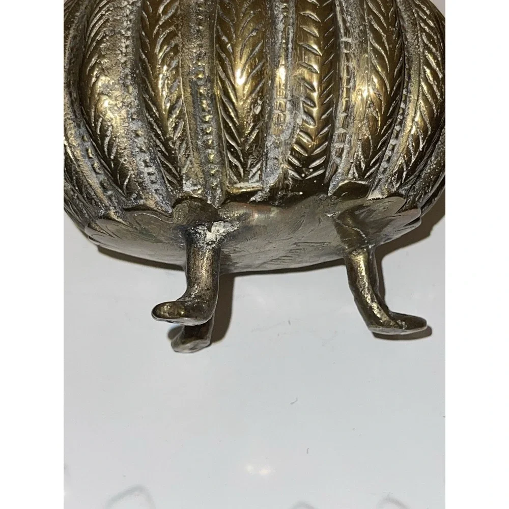 Antique Indian Cast Bronze Mughal‎ Footed Ink Well w/ Peacock Lid & Fluted Sides